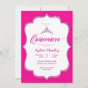 Hot Pink en white Quinceanera Invitation Kaart