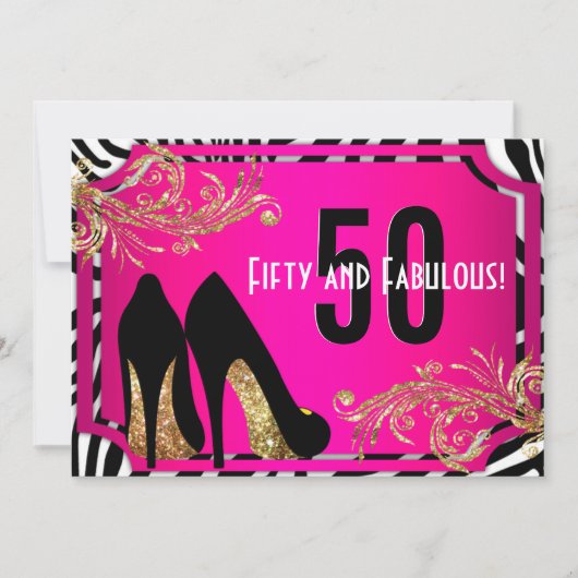 Hot Pink en Zebra 50th Birthday Party Invitation Kaart (Voorkant)