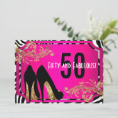 Hot Pink en Zebra 50th Birthday Party Invitation Kaart (Staand voorkant)