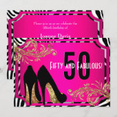 Hot Pink en Zebra 50th Birthday Party Invitation Kaart (Voorkant / Achterkant)
