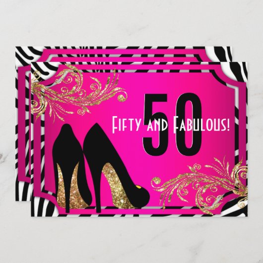 Hot Pink en Zebra 50th Birthday Party Invitation Kaart (Voorkant / Achterkant)