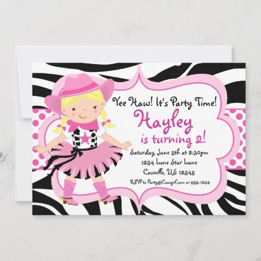 Hot Pink en Zebra Print Cowgirl Birthday Party Kaart (Voorkant)