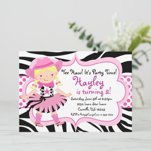 Hot Pink en Zebra Print Cowgirl Birthday Party Kaart (Staand voorkant)