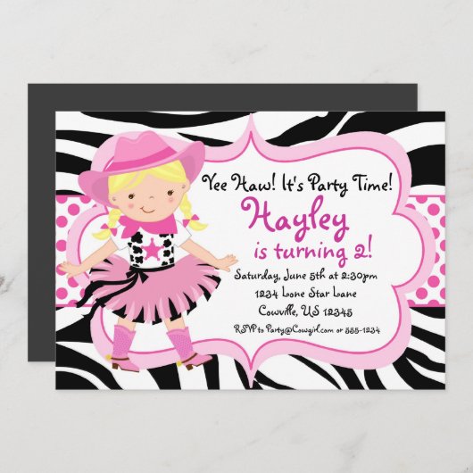 Hot Pink en Zebra Print Cowgirl Birthday Party Kaart (Voorkant / Achterkant)
