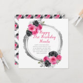 Hot Pink en Zilver Elegante Bloem Verjaardag Kaart (Voorkant / Achterkant in situ)