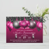 Hot Pink en zwarte Glitter Baubles Quinceanera Kaart (Staand voorkant)