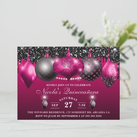 Hot Pink en zwarte Glitter Baubles Quinceanera Kaart (Staand voorkant)