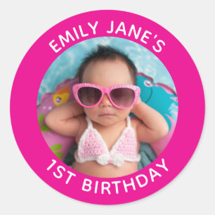 Hot Pink Familie Foto 1e Verjaardag Favoriet Ronde Sticker