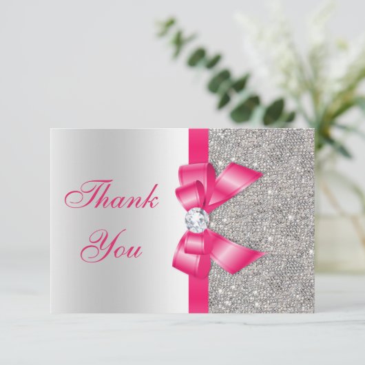 Hot Pink Faux Bow & Diamonds Hartelijk dank Bedankkaart (Staand voorkant)