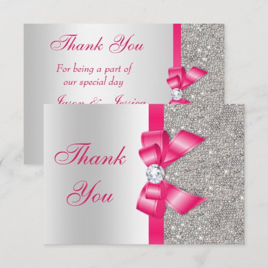 Hot Pink Faux Bow & Diamonds Hartelijk dank Bedankkaart (Voorkant / Achterkant)