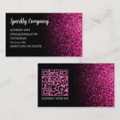 Hot pink faux glitter sparkle black QR code Visitekaartje (Voorkant / Achterkant)