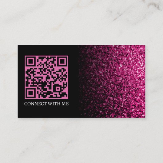 Hot pink faux glitter sparkle black QR code Visitekaartje (Achterkant)