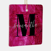 Hot Pink Faux Leather Monogram Foto Keramisch Ornament (Rechts)