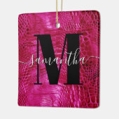 Hot Pink Faux Leather Monogram Foto Keramisch Ornament (Links)