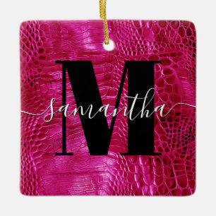Hot Pink Faux Leather Monogram Foto Keramisch Ornament