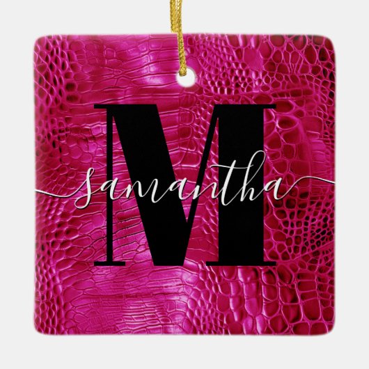 Hot Pink Faux Leather Monogram Foto Keramisch Ornament (Voorkant)