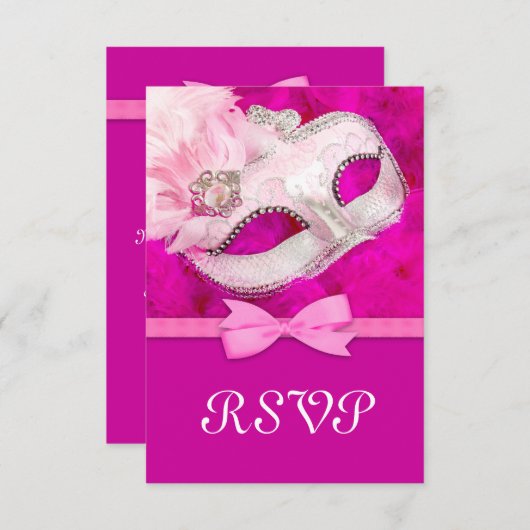 Hot Pink Feather Mask Masquerade Party RSVP (Voorkant / Achterkant)