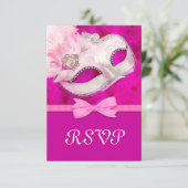 Hot Pink Feather Mask Masquerade Party RSVP Kaartje (Staand voorkant)