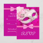 Hot Pink Feather Mask Masquerade Party RSVP Kaartje (Voorkant / Achterkant)
