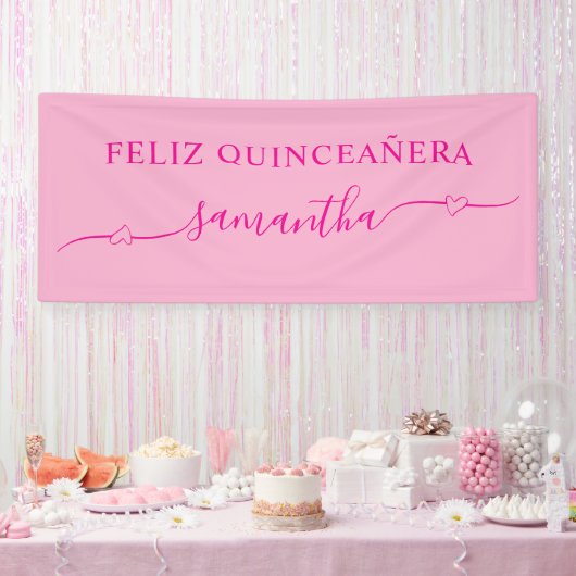 Hot Pink Feliz Quinceañera Heart Swash Naam Spandoek (Feest)