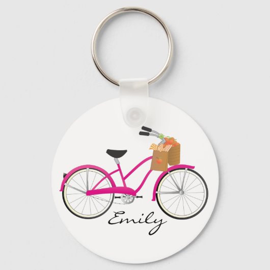 Hot-PInk-fiets met Sinaasappels Sleutelhanger (Voorkant)
