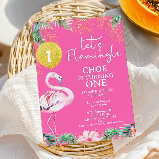 Hot Pink Flamingo Let's Flamingle 1e verjaardag Kaart
