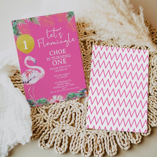 Hot Pink Flamingo Let's Flamingle 1e verjaardag Kaart