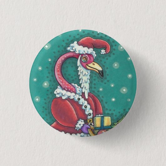 HOT PINK FLAMINGO SANTA, CHRISTMAS HOLIDAY BUTTON (Voorkant)