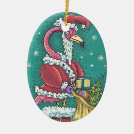 HOT PINK FLAMINGO SANTA, CHRISTMAS ORNAMENT Oval (Voorkant)