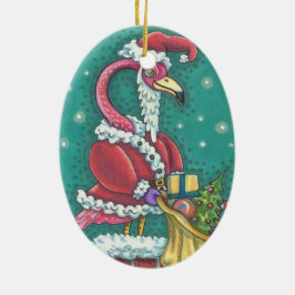 HOT PINK FLAMINGO SANTA, CHRISTMAS ORNAMENT Oval