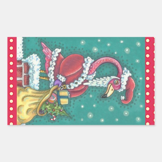 HOT PINK FLAMINGO SANTA CLAUS, KERST STICKER (Voorkant)