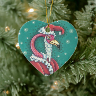 HOT PINK FLAMINGO SANTA, FUNNY CHRISTMAS BIRD 2019 KERAMISCH ORNAMENT