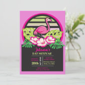 HOT PINK FLAMINGO Tropical Bat Mitzvah Invitation Kaart (Staand voorkant)