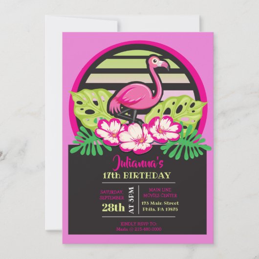 HOT PINK FLAMINGO Tropical Birthday Invitation Kaart (Voorkant)