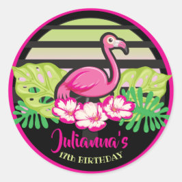 HOT PINK FLAMINGO Tropische bladeren Rondetlabel z Ronde Sticker