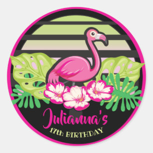 HOT PINK FLAMINGO Tropische bladeren Rondetlabel z Ronde Sticker