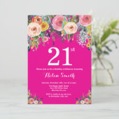 Hot Pink Floral 21ste uitnodiging van de verjaarda (Staand voorkant)