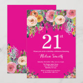 Hot Pink Floral 21ste uitnodiging van de verjaarda (Voorkant / Achterkant)