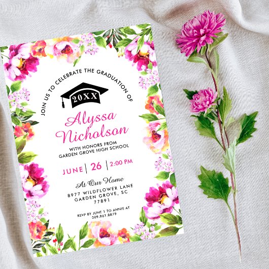 Hot Pink Floral Afstudeerder Uitnodiging