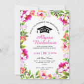 Hot Pink Floral Afstudeerder Uitnodiging (Voorkant)