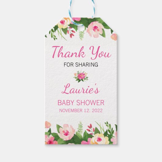 Hot Pink Floral Baby shower Dank u Cadeaulabel (Voorkant)