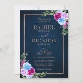 Hot Pink Floral Bronz Navy Blue Rustic Wedding Kaart (Voorkant)