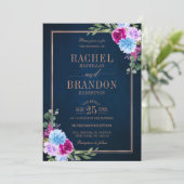 Hot Pink Floral Bronz Navy Blue Rustic Wedding Kaart (Staand voorkant)