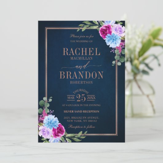 Hot Pink Floral Bronz Navy Blue Rustic Wedding Kaart (Staand voorkant)