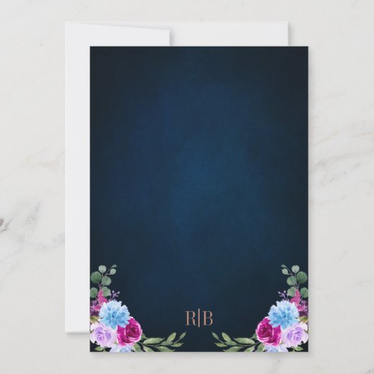 Hot Pink Floral Bronz Navy Blue Rustic Wedding Kaart (Achterkant)