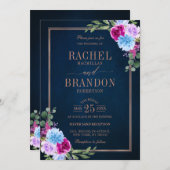 Hot Pink Floral Bronz Navy Blue Rustic Wedding Kaart (Voorkant / Achterkant)