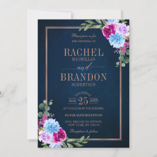 Hot Pink Floral Bronz Navy Blue Rustic Wedding Kaart