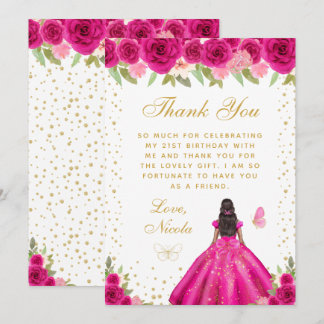 Hot Pink Floral Dark Skin Princess Birthday Party Bedankkaart