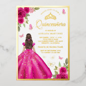 Hot Pink Floral Dress Butterfly Quinceanera Gold Folie Uitnodiging (Voorkant)