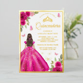 Hot Pink Floral Dress Butterfly Quinceanera Gold Folie Uitnodiging (Staand Voorkant)